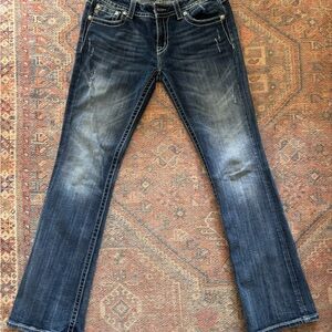 Y2K Miss Me Dark Blue Bootcut Jeans with Faded Whiskering